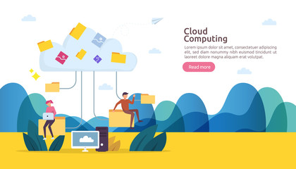 Cloud computing concept. Hosting network service or Online database storage system with people character for web landing page template, banner, presentation, social, and print media with flat style.