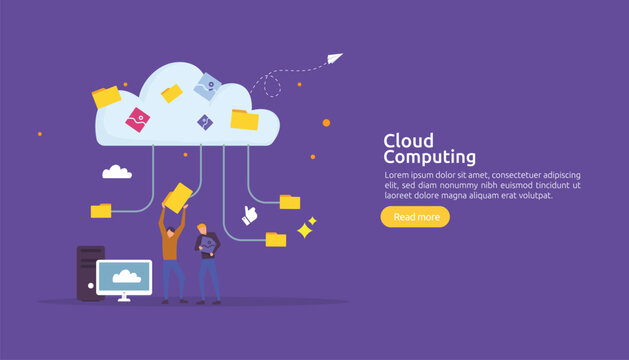 Cloud computing concept. Hosting network service or Online database storage system with people character for web landing page template, banner, presentation, social, and print media with flat style.