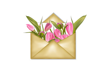Golden envelope with spring flowers, peony buds, tulips isolated on white background. Vector illustration