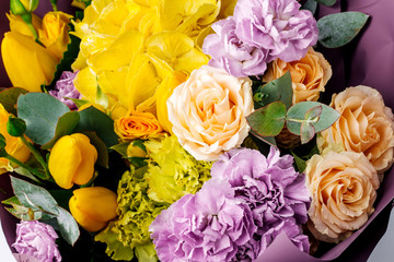 bouquet of yellow and lilac flowers 