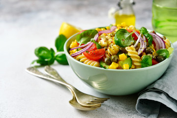 Vegetarian pasta salad in a bowl.