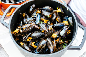 Steamed mussels in restaurant a typical food from Brittany