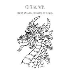 Coloring pages. Coloring book for adults with a fabulous dragon. Anti-stress freehand sketch with doodle elements.