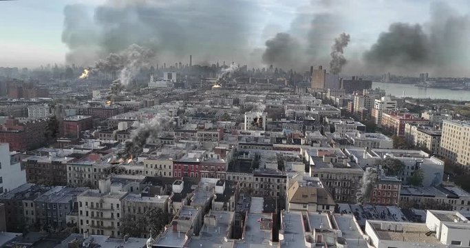 New York under Attack in war illustration Powerful Video Compisting simulates Real drone footage with visual effects elements of New York Harlem and manhattan under attack with smoke Destroyed buildin