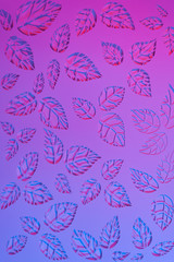 white background of leaves illuminated by neon light.