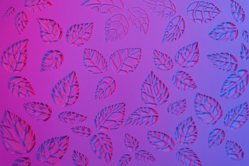 white background of leaves illuminated by neon light.