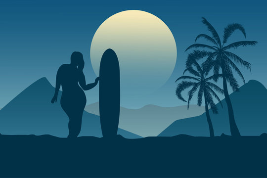 Tropical landscape. Sea landscape. Summer background. Girl with surfing board. Flat style illustration. Palm trees silhouette. Vector illustration