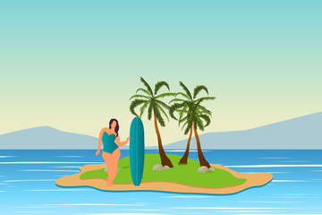 Fototapeta na wymiar Tropical landscape. Sea landscape. Summer background. Girl with surfing board. Flat style illustration. Palm trees. Vector illustration