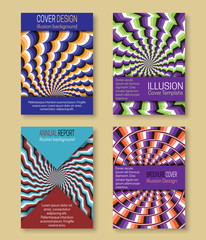 Colorful covers templates with optical illusion backgrounds. Booklet, brochure, annual report, poster design with hypnotic effect.