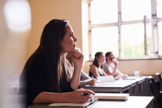 Side view of brunette woman sitting in classroom