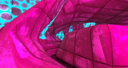 Abstract  Concrete Futuristic Sci-Fi interior With Pink And Blue Glowing Neon Tubes . 3D illustration and rendering.