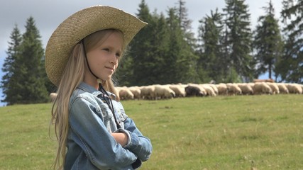 Child Portrait on Pasture, Farmer Girl and Grazing Sheep, Kid Shepherd in Field