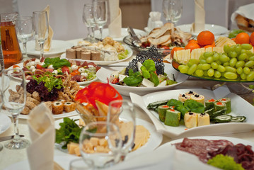 delicious dishes on the table in the restaurant. serving table.