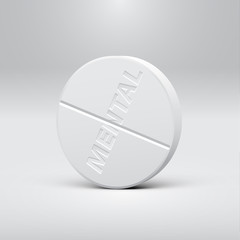 White pill on a grey background, realistic vector illustration