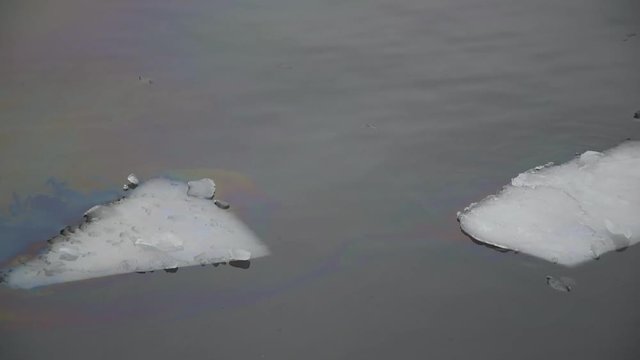 Ice floes on the river and oil slick on the water surface