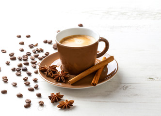 Coffee on white wood