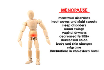 Menopause, ten symptoms. Wooden human model on a white background. Joint, motion and posture