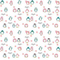 seamless pattern cute pink and blue green penguins