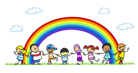 Multikulturelle Gruppe Kinder unter Regenbogen