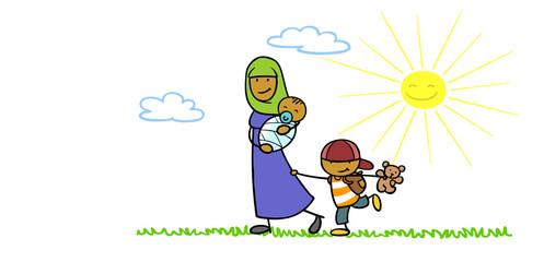 Islamische Frau mit Baby und Kind in der Natur