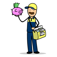 Briefträger der Post mit einem Sparschwein