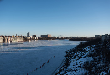 Winter view at the lake Malaren in Stockholm, an early sunny spring day