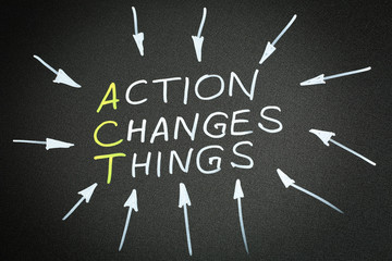 ACT - Action Changes Things acronym with arrows on blackboard