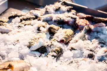 Fresh various fishes on the ice at outdoor fish flea market