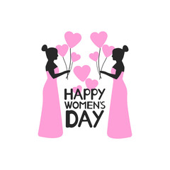 Happy women's day. Card with girls and hearts.