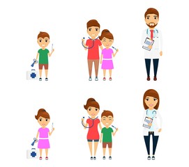 Set, profession doctor. Little girl and boy dream of becoming a doctor. Man and woman are professional doctors.