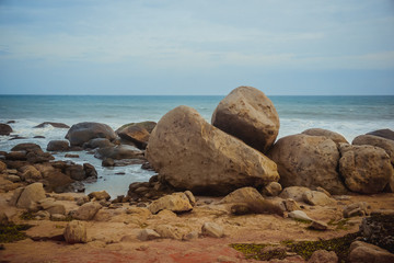 The rocky shore of the Indian Ocean in the city of Kanyakumari. India