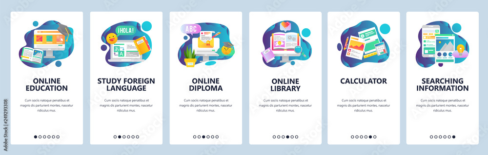 Poster web site onboarding screens. online education. digital internet tutorials and courses. menu vector b