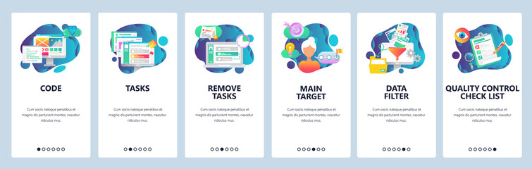 Web site onboarding screens. Task management, quality control and data filtering. Menu vector banner template for website and mobile app development. Modern design flat illustration.