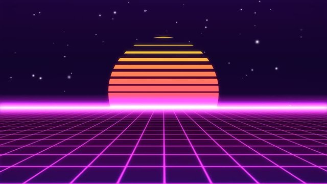 Set of 3 Retro 80s Background Animation Loops Featuring Neon Grid and Abstract Sunset. 3 Versions Using Different Color Schemes.