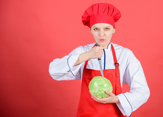 Knife skills concept. Choose proper knife. Culinary basics. Best knives to buy. Be careful while cut. Cut vegetables like chef. Woman professional chef hold sharp knife. Ways to chop food like pro