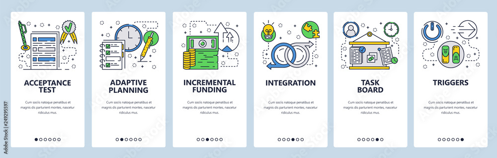 Poster web site onboarding screens. business task management, planning and integration. menu vector banner 