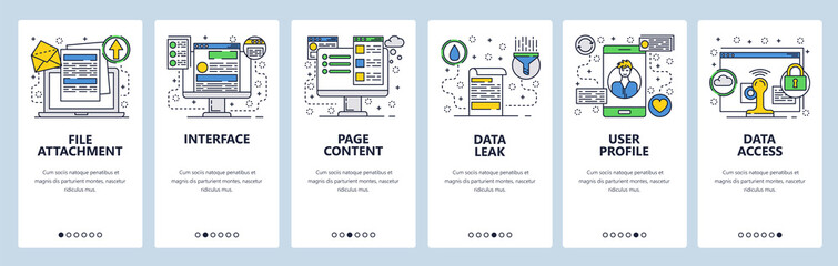 Web site onboarding screens. Data management, interface and user profile. Website woreframe and content. Menu vector banner template for website and mobile app development. design flat illustration.
