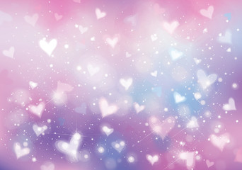 Vector unicorn background with  hearts, lights and stars.  Holiday background.