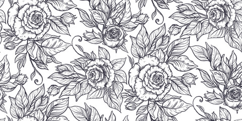 Seamless pattern with graphic rose flowers, vector floral endless background