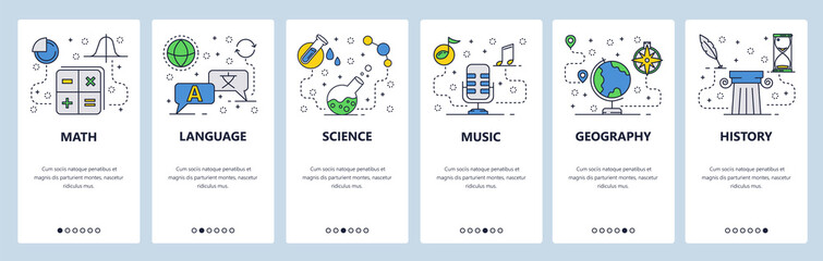 Web site onboarding screens. School education subjects. Math, science, language, history. Menu vector banner template for website and mobile app development. Modern design flat illustration.