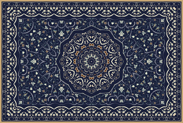 Vintage Arabic pattern. Persian colored carpet. Rich ornament for fabric design, handmade, interior decoration, textiles. Blue background. - 249298171