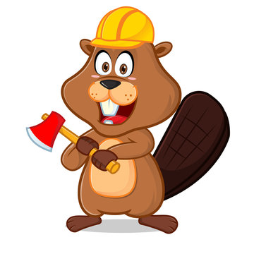Beaver wearing helmet carrying axe