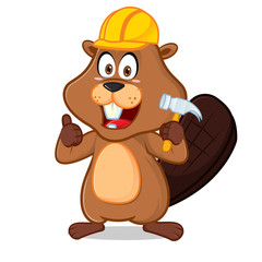 Beaver wearing helmet carrying hammer