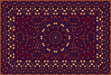 Vintage Arabic pattern. Persian colored carpet. Rich ornament for fabric design, handmade, interior decoration, textiles. Red background.