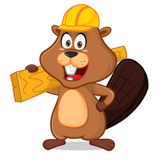 Beaver wearing helmet carrying wood plank