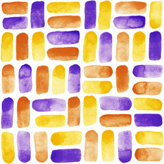 Watercolor brush strokes, smears geometrical background. Can be used as seamless pattern. Watercolour colorful uneven spots or stains texture. Violet, orange and yellow abstract hand drawn template.
