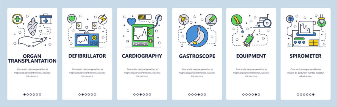 Web site onboarding screens. Medical equipment and hospital tools. Medicine and healthcare icons. Menu vector banner template for website and mobile app development. Modern design flat illustration.