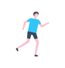 Fototapeta na wymiar Sportsman in blue t-shirt and black trousers, vector athletic man isolated cartoon character. Runner in sport suit, jogging person in uniform, flat design