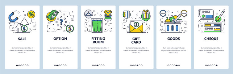 Web site onboarding screens. Shopping, sales and grocery store. Money payment and banking. Menu vector banner template for website and mobile app development. Modern design flat illustration.