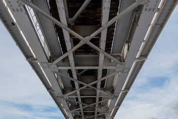 Bottom view of the railway bridge. Metal constructions of the railway bridge, the bottom view